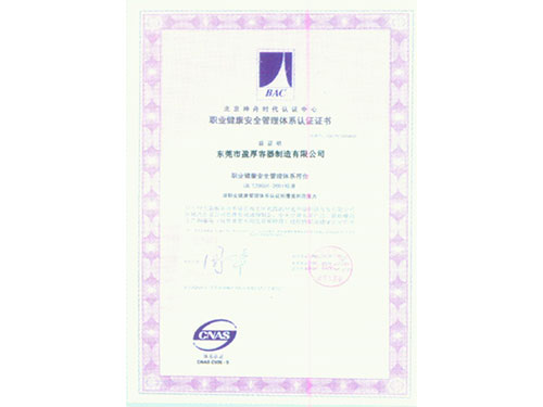 职业健康安全管理体系认证证书